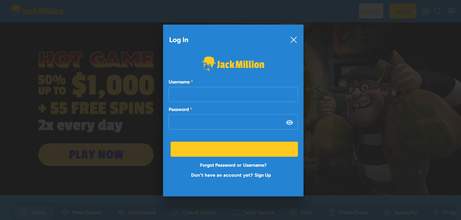 JackMillion Casino login form