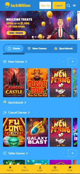 JackMillion Casino on a smartphone browser
